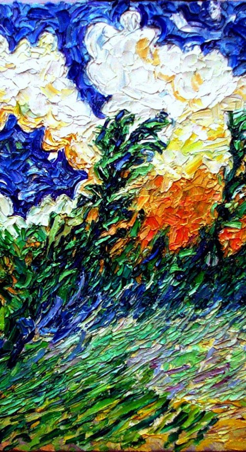 Range of trees in a Cornish hedge, windy day by Richard Meyer