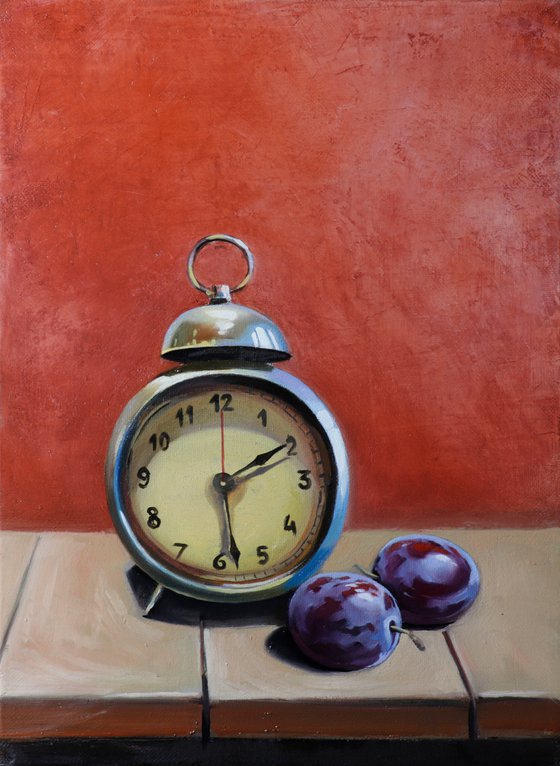 Still life with plums old watch (24x18cm, oil painting, ready to hang)