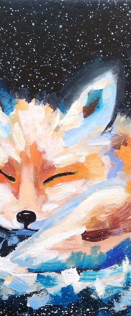 Sleeping Fox Painting Original Art Small Animal Artwork Miniature by Yulia Berseneva