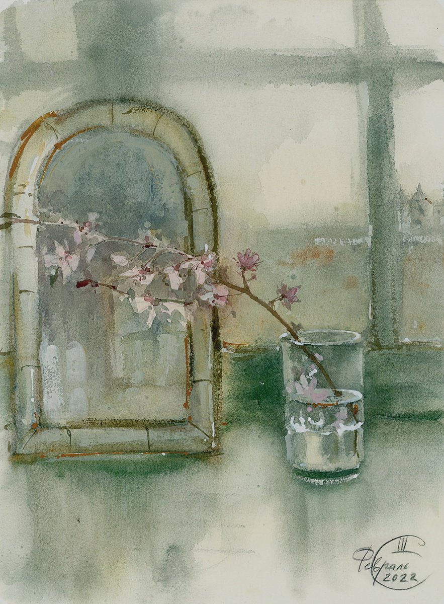 Impressionistic Still Life Watercolour By Tatyana Tokareva, 10 X 13", Still Life With A Mirror, Original Artwork