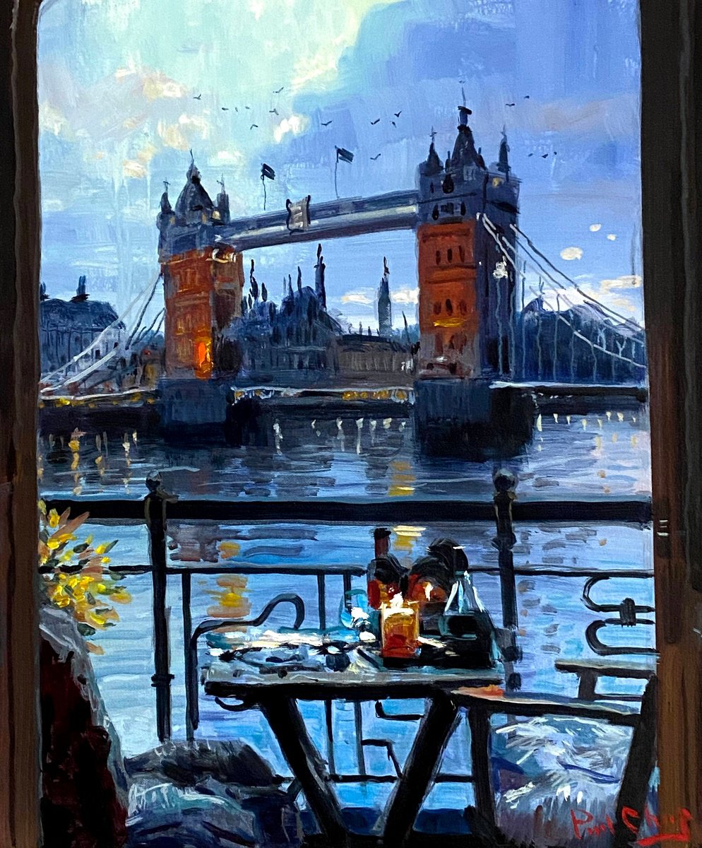 Impressionistic Cityscapes Acrylic Painting By Paul Cheng, 20 X 24", Evening Table By Tower Bridge, Original Artwork