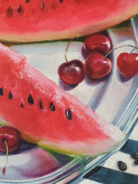 "Help yourself. "  still life summer watermelon liGHt original painting  GIFT (2021)