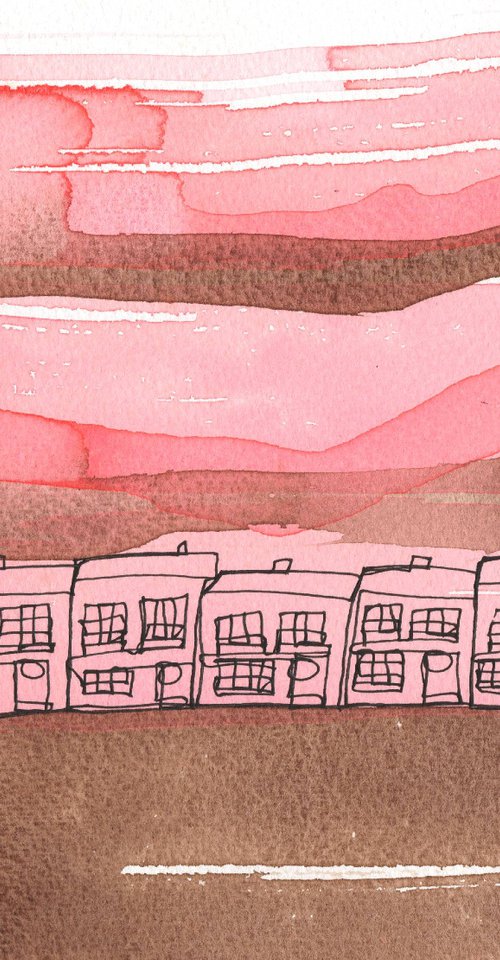 Terraced houses with strawberry pink and brown washes. Continuous Line Artwork by Steve John