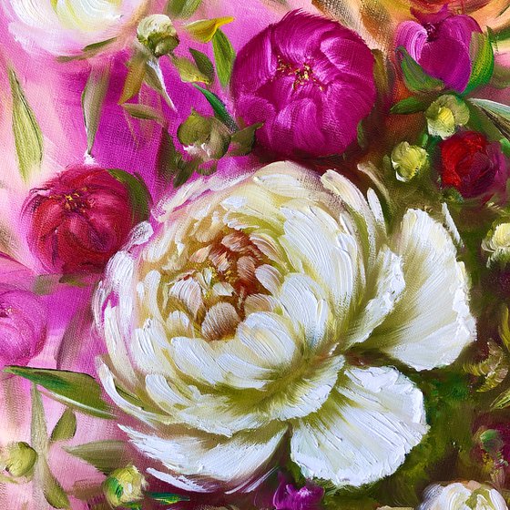 SUNNY GARDEN - Pink flowers. Flowerbed. Gardener. Lush peony. Petals. Flower buds. Mood.