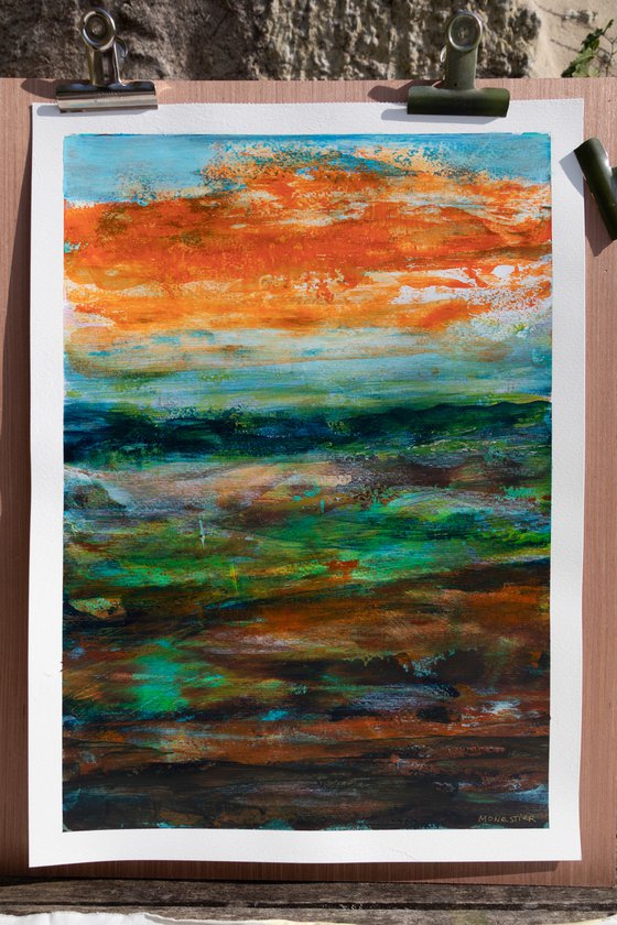 Orange cloud - knife painting on paper - abstract landscape