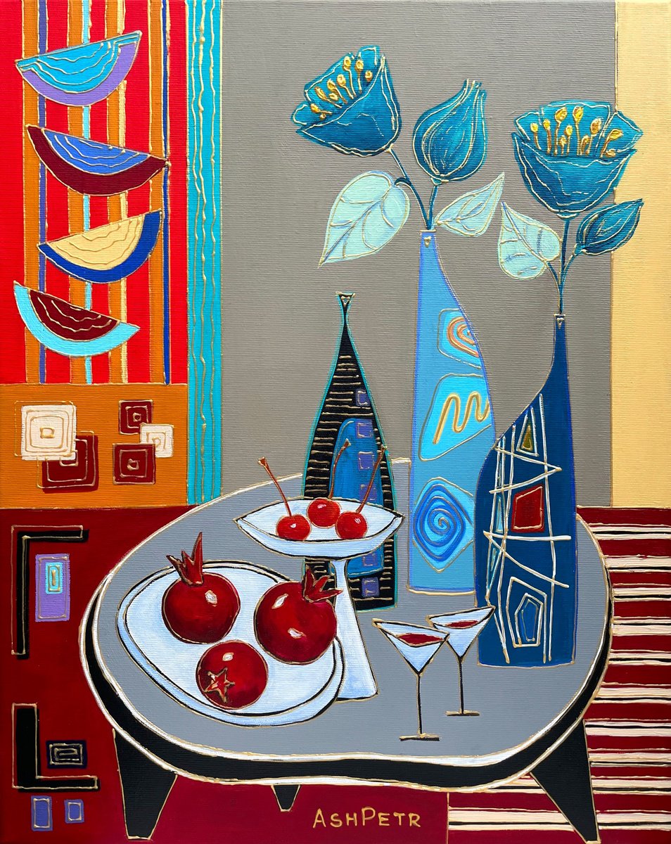 Abstract Still Life Acrylic Painting By Ashot Petrosyan, 16 X 20, Blue Poppies, Original Artwork