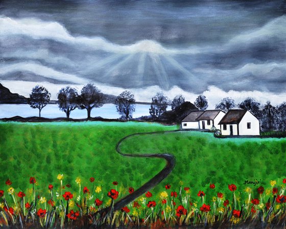 Scottish Landscape painting with dark clouds and lush greenery