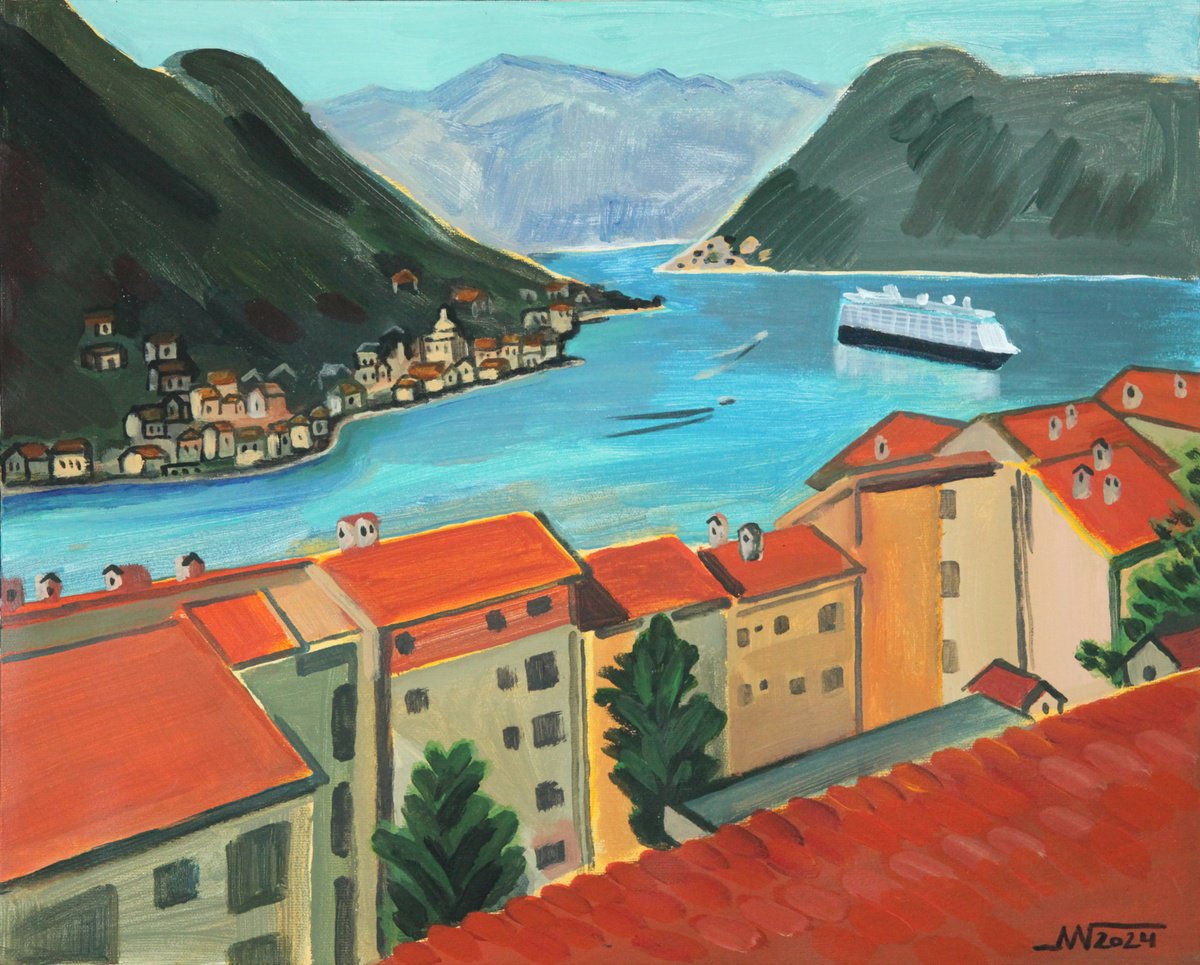 Landscape Acrylic Painting By Marina Gorkaeva, 20 X 16", Dobrota, Original Artwork