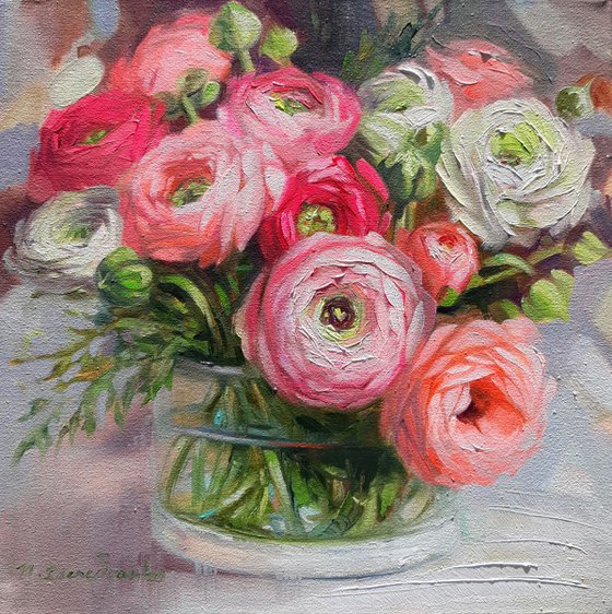 Ranunculus flowers oil painting on canvas, floral painting