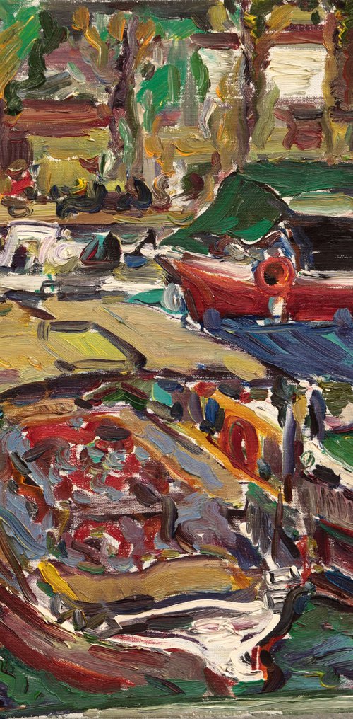 TURKEY. MARMARIS BOATS - Marina landscape, original oil painting for sale,  boat, beach, vacations, seashore, water, sea, yachting by Karakhan