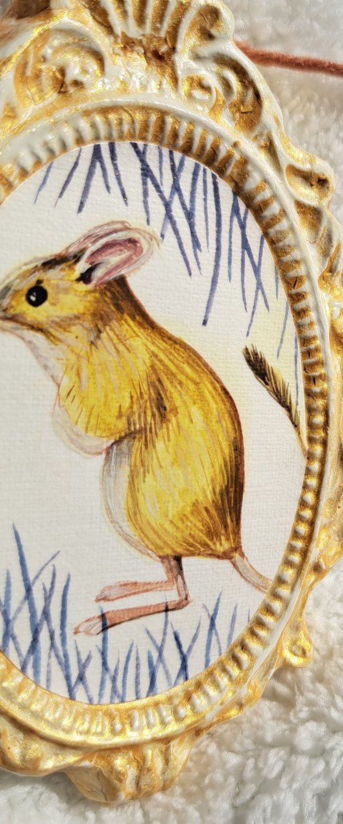 Fawn hopping mouse, part of framed animal miniature series "festum animalium" by Andromachi Giannopoulou