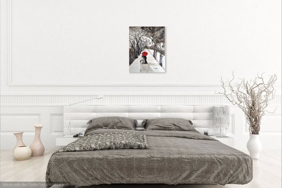 SPECIAL SALE! Snow Kiss romantic black and white painting with red REDUCED PRICE Gift of love