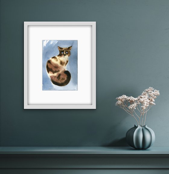 Cat life. Portrait of a blue-eyed spotted cat. Original watercolor artwork.