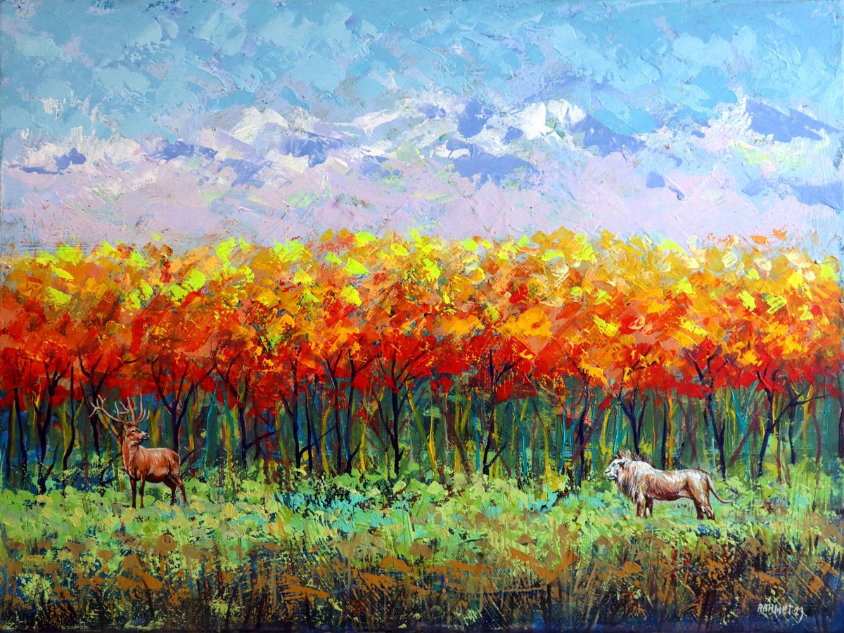 Impressionistic Animal Acrylic Painting By Rakhmet Redzhepov, 31 X 24", Meeting, Original Artwork