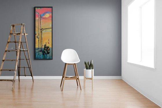 Bright vertical painting - "Sunset in city" - Sunrise - Pop Art - Moped - Expressionism