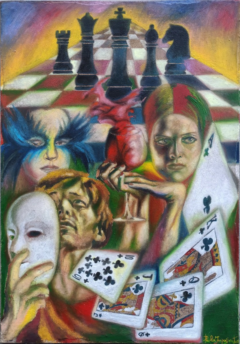 Expressive Portrait Oil Painting By Paola Imposimato, 28 X 39", The Masks Game, Original Artwork