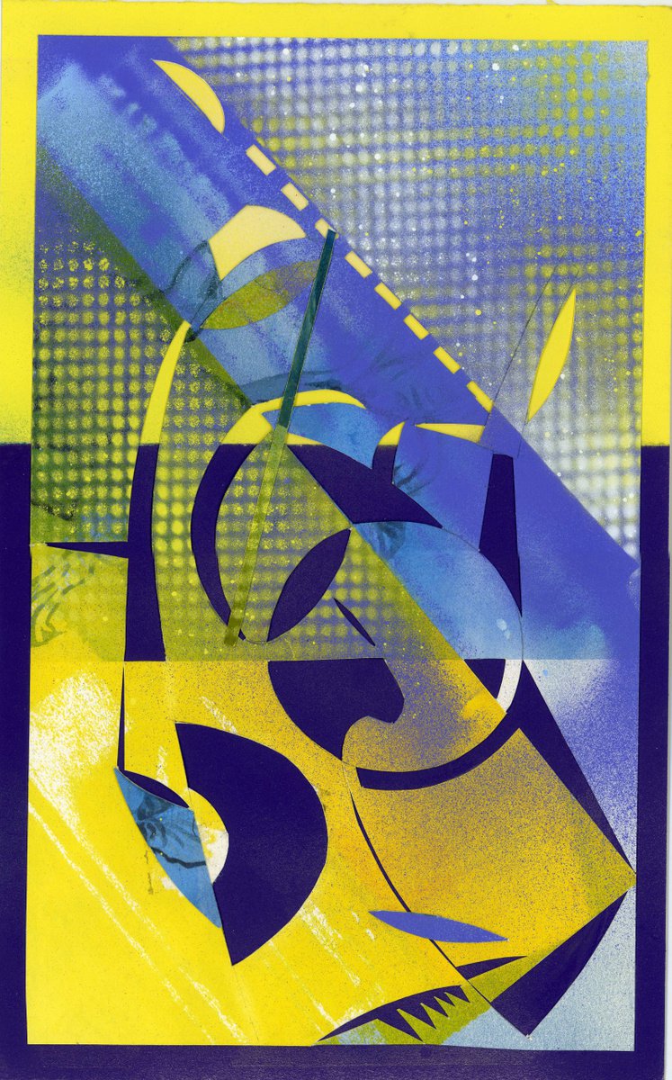 Geometric Abstract Collage By Alfred Ng, 8 X 13, Purple With Yellow, Original Artwork