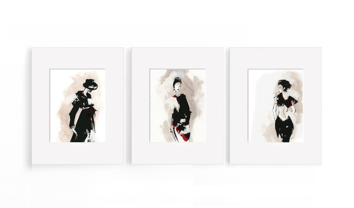 Fashion Illustration Set of 3 Mix Media Paintings, Woman in black by Sophie Rodionov