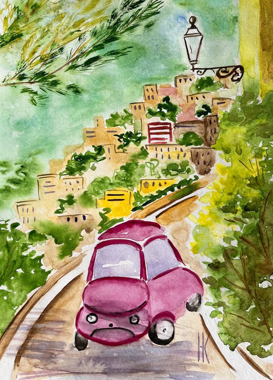 Italy Painting Retro Car Original Art Mediterranean Watercolor Riviera Artwork Home Wall Art 8 by 12 by Halyna Kirichenko