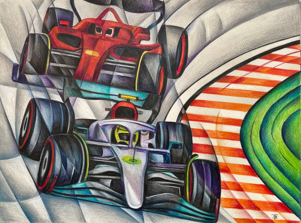 Geometric Transport Pencil Drawing By Tiffany Budd, 17 X 14", The Final Lap, Original Artwork