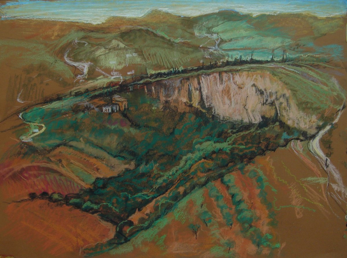 Impressionistic Landscape Pastel Drawing By Patricia Clements, 28 X 20", Ronda Spain Second View, Original Artwork