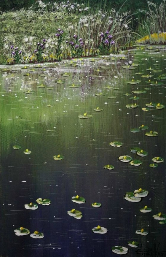 Lilies on the lake. Acrylic on panel 30x20cm