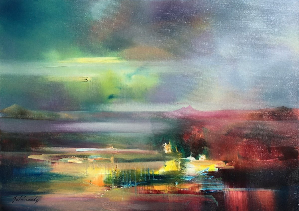 Abstract Landscape Oil Painting By Beata Belanszky Demko, 28 X 20, The Mystery Of A New Day, Original Artwork