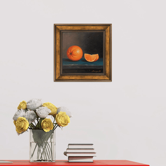 Still life - orange (25x25cm, oil on canvas, framed)
