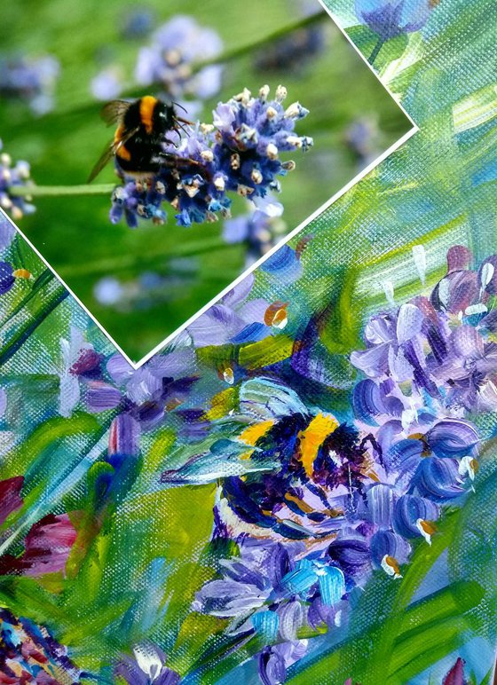 Triptych, Bees on lavender, floral wall art, original acrylic painting, Large Floral, Purple and Green
