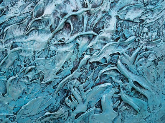 CORAL REEF. Large Abstract Blue Teal Silver Textured Painting 3D