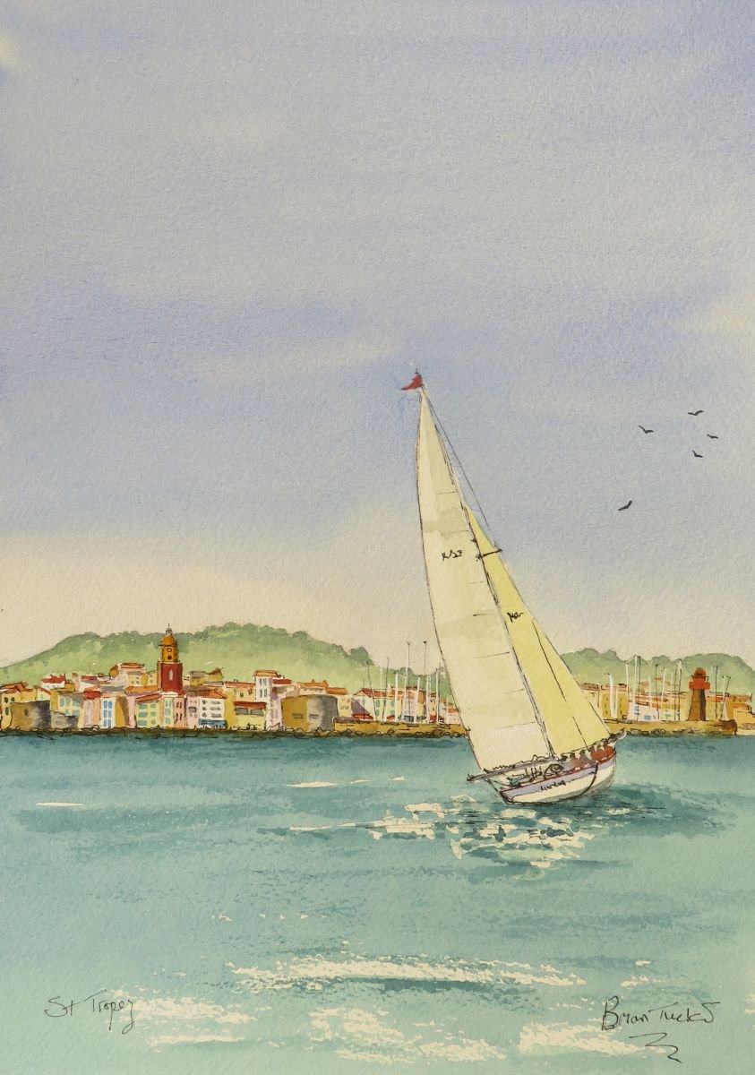 Photorealistic Landscape Watercolour By Brian Tucker, 10 X 14, Yacht Sailing At St Tropez, Original Artwork