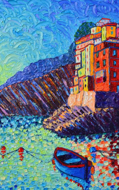 RIOMAGGIORE SUNSET CINQUE TERRE ITALY - contemporary impressionist cityscape palette knife oil painting by ANA MARIA EDULESCU