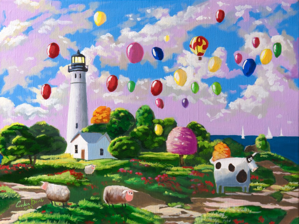 Naive Landscape Oil Painting By Gordon Bruce, 16 X 12, Lighthouse And Balloons, Original Artwork