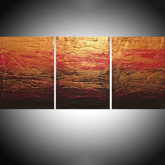 Gold Intuition red gold impasto triptych abstract original  abstract painting art canvas - 48 x 20 inches