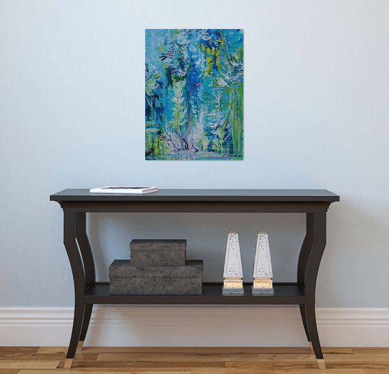 Abstract Tropical Flowers. Floral Garden. Magic Garden. Abstract Blue Floral Original Painting on Canvas 46x61cm Modern Art