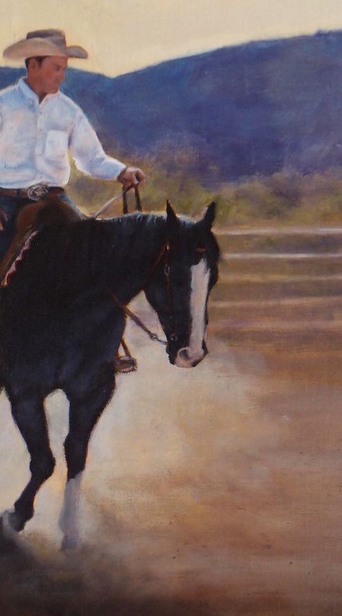 Dust Trails, 12 X 16" oil of black horse and cowboy, unframed by Sarah Kennedy