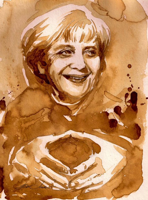 Portrait of Angela Merkel painted with coffee