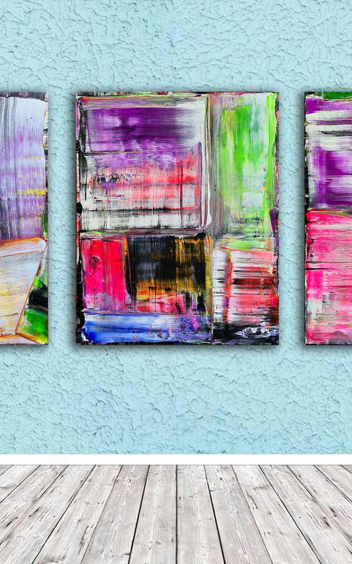 "Painting The Town" - Original PMS Abstract Acrylic Painting Triptych On Canvas - 72" x 30" by Preston M. Smith (PMS)