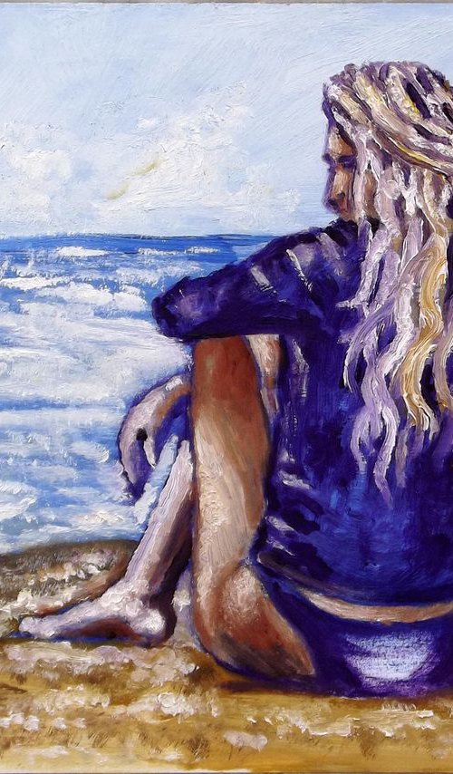 SEASIDE GIRL - Sitting at the seaside - Thick oil painting - 42x29.5cm by Wadih Maalouf