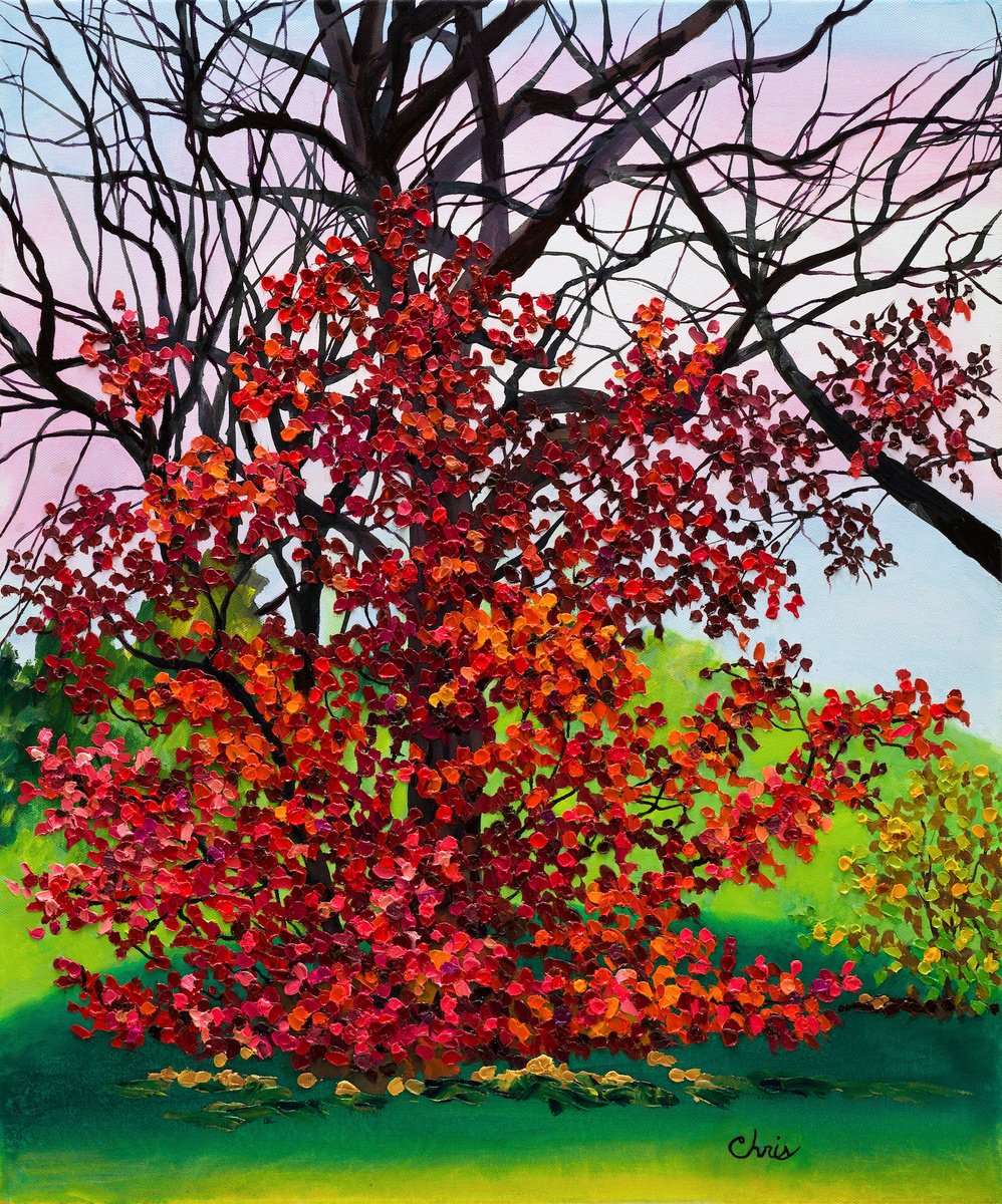 Impressionistic Landscape Oil Painting By Christina M Plichta, 22 X 26, Smokebush Magic, Original Artwork