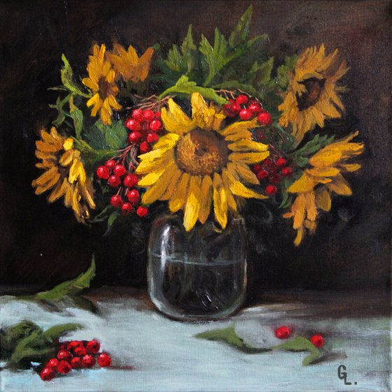 Rowan and sunflowers. 40x40 cm