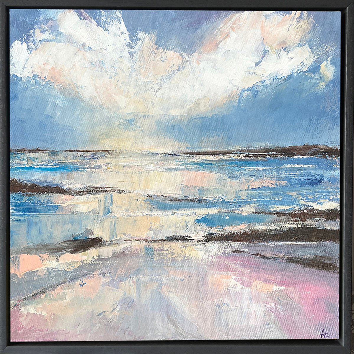 Expressive Landscape Acrylic Painting By Arti Chauhan, 17 X 17, Pink Mirage_Seascape, Original Artwork