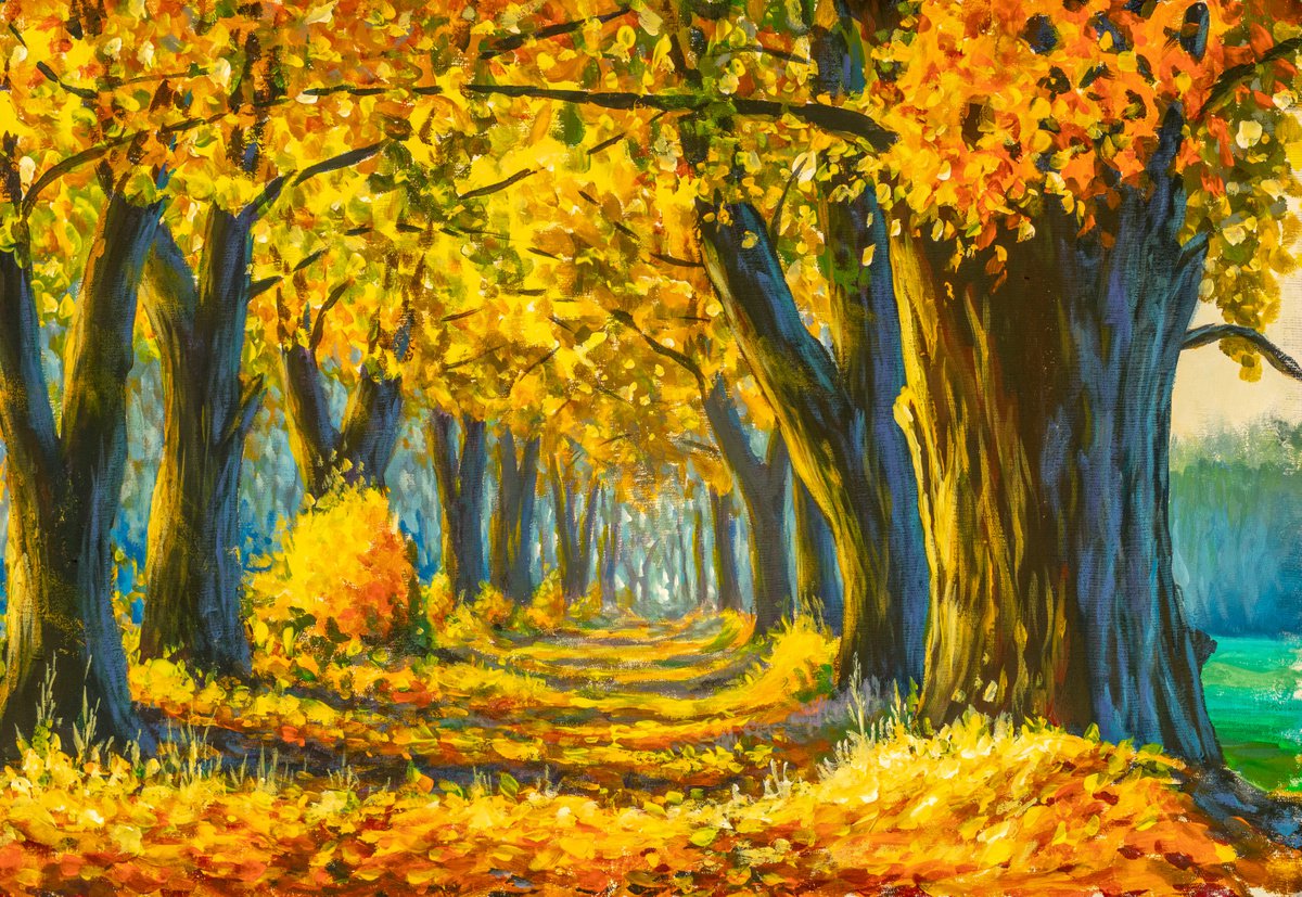 Beautiful autumn forest park landscape oil painting.