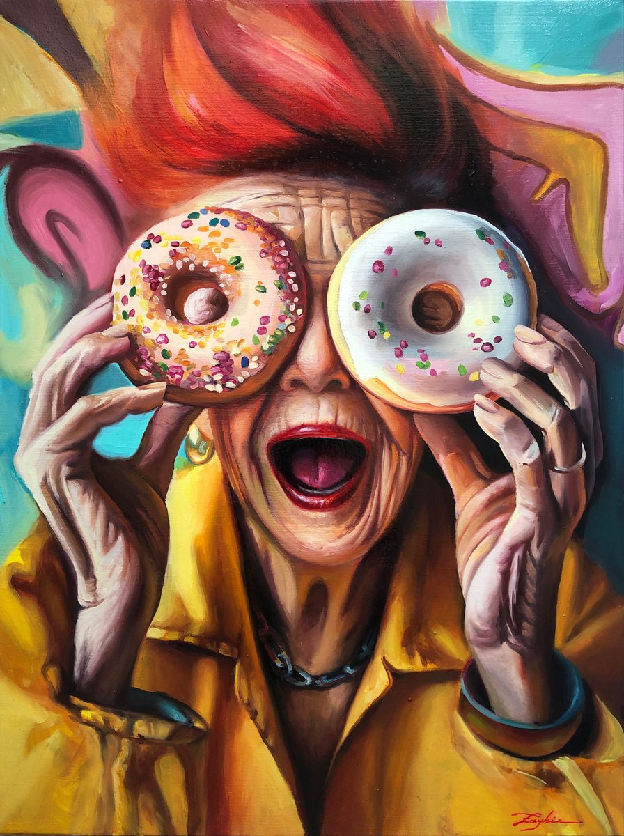 Photorealistic Portrait Oil Painting By Viacheslav Zaykin, 24 X 32", Joy | Donut Grandma Pop Art Portrait, Original Artwork
