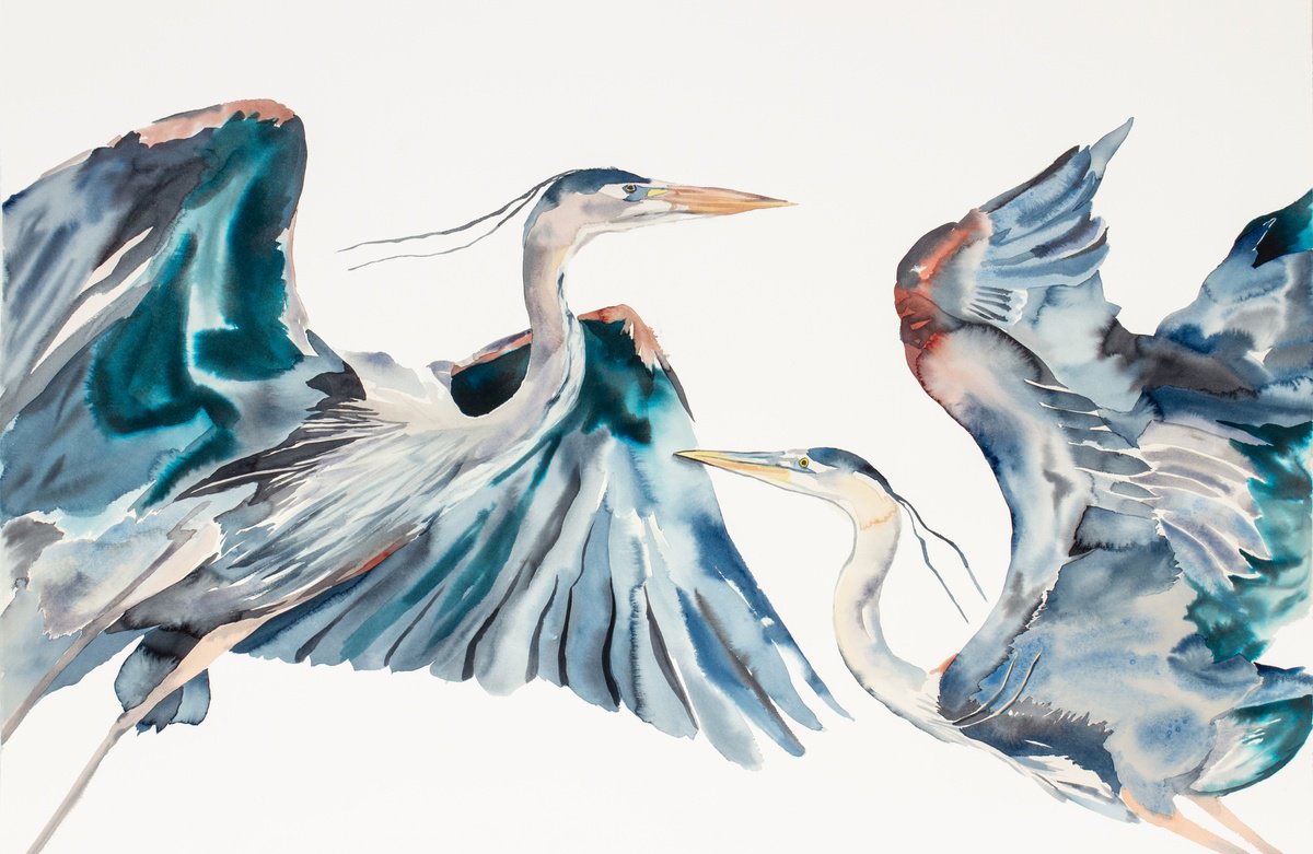Expressive Animal Watercolour By Elizabeth Becker, 40 X 26, Herons In Flight No. 2, Original Artwork