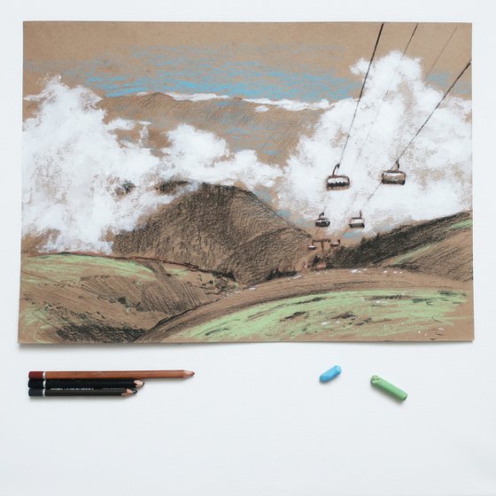 Drawing landscape. Above the clouds. In the mountains