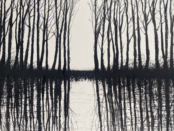 'Long Island Winter V' Charcoal & Ink Landscape Tree Water Reflection Drawing