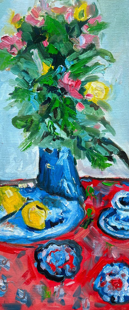 Still Life with red tablecloth by Maiia Axton