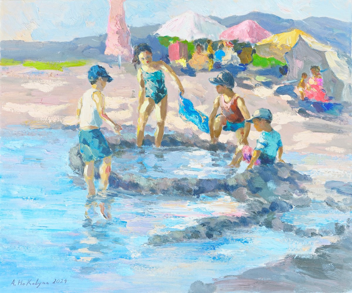 Impressionistic Landscape Oil Painting By Hrachya Hakobyan, 24 X 20, Children On The Beach, Original Artwork