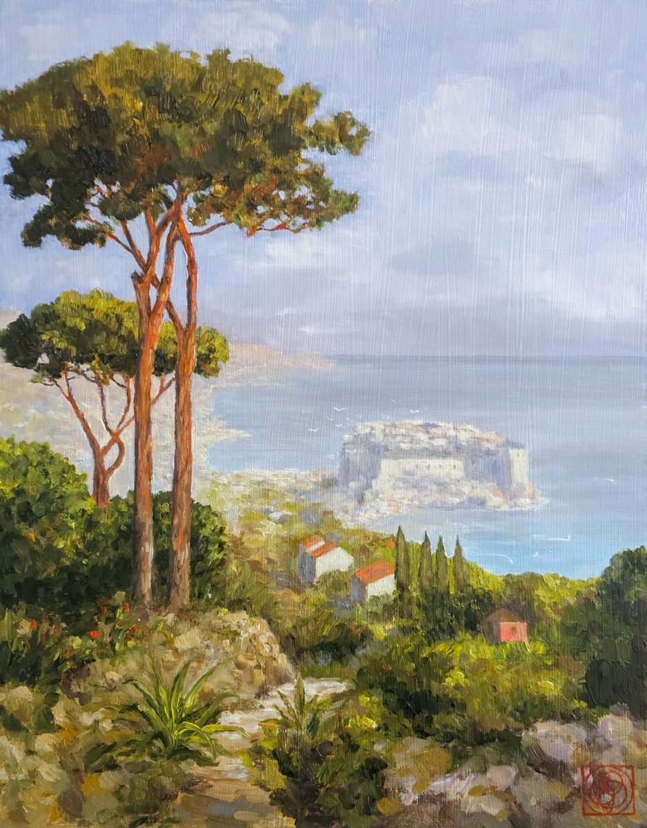 Impressionistic Landscape Oil Painting By Katia Bellini, 18 X 22", Costal View Fortress, Original Artwork